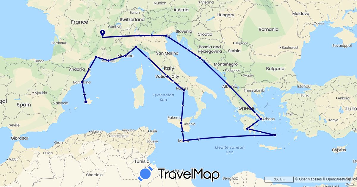 TravelMap itinerary: driving in Spain, France, Greece, Croatia, Italy, Monaco, Malta (Europe)